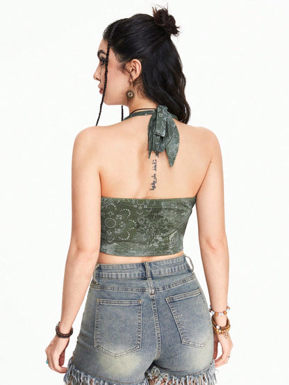 ROMWE Hippie Top sin mangas de mariposa de metal con cordón y lazo de estilo bohemio para mujeres