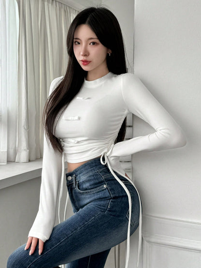 DAZY Camiseta de manga larga con cintura ceñida de color liso para mujer