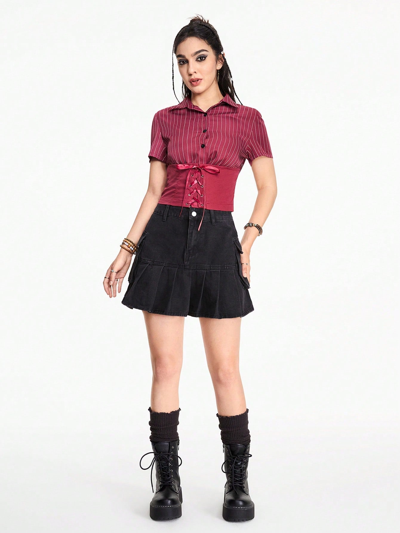 ROMWE Fairycore Blusa casual de mujer de verano con manga corta, rayas y cintura con cordón, para la escuela