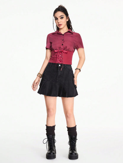 ROMWE Fairycore Blusa casual de mujer de verano con manga corta, rayas y cintura con cordón, para la escuela