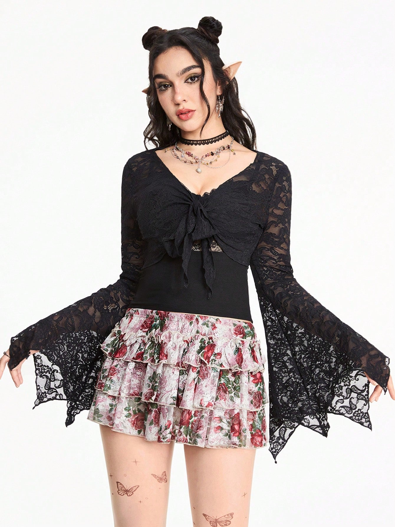 ROMWE Hippie Blusa informal con mangas largas, patchwork de encaje y nudo en la parte delantera para mujeres