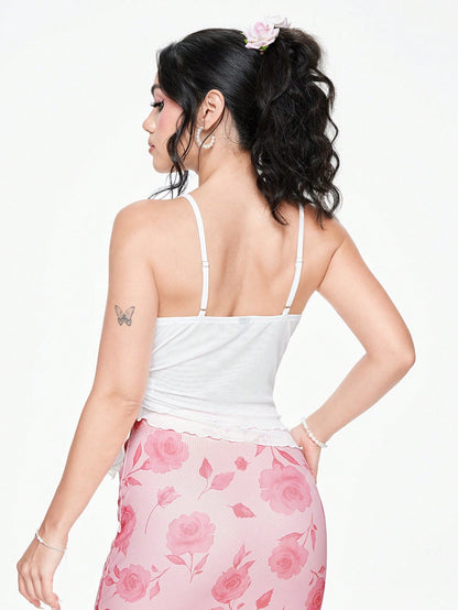 ROMWE Grunge Punk Camisola de mujer con adorno de flores hecho a mano y cuello drapeado sexy con malla multicapa y bordes transparentes