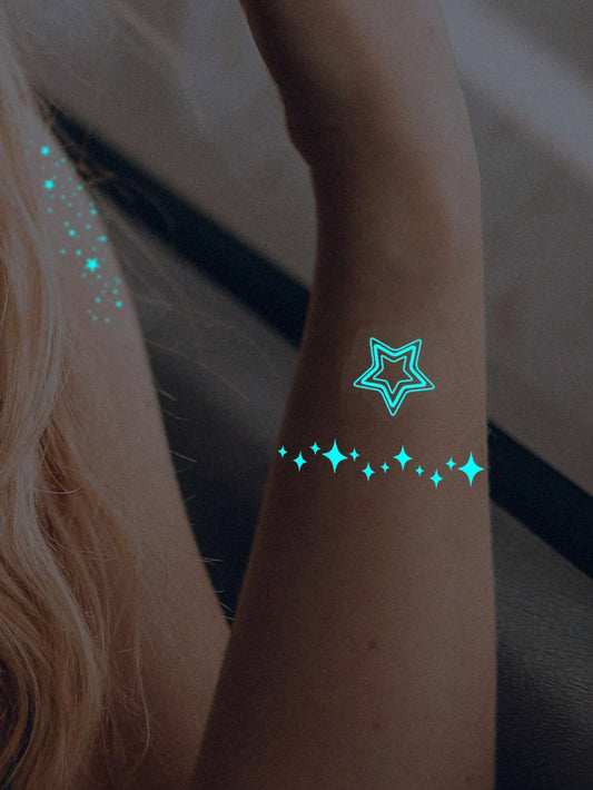 1 pieza Tatuaje temporal de arte corporal luminoso con tinta blanca y que brilla en la oscuridad, diseño de estrella resplandeciente para ojos, tatuaje falso brillante a prueba de agua para la cara y el Body, dura de 2 a 5 días