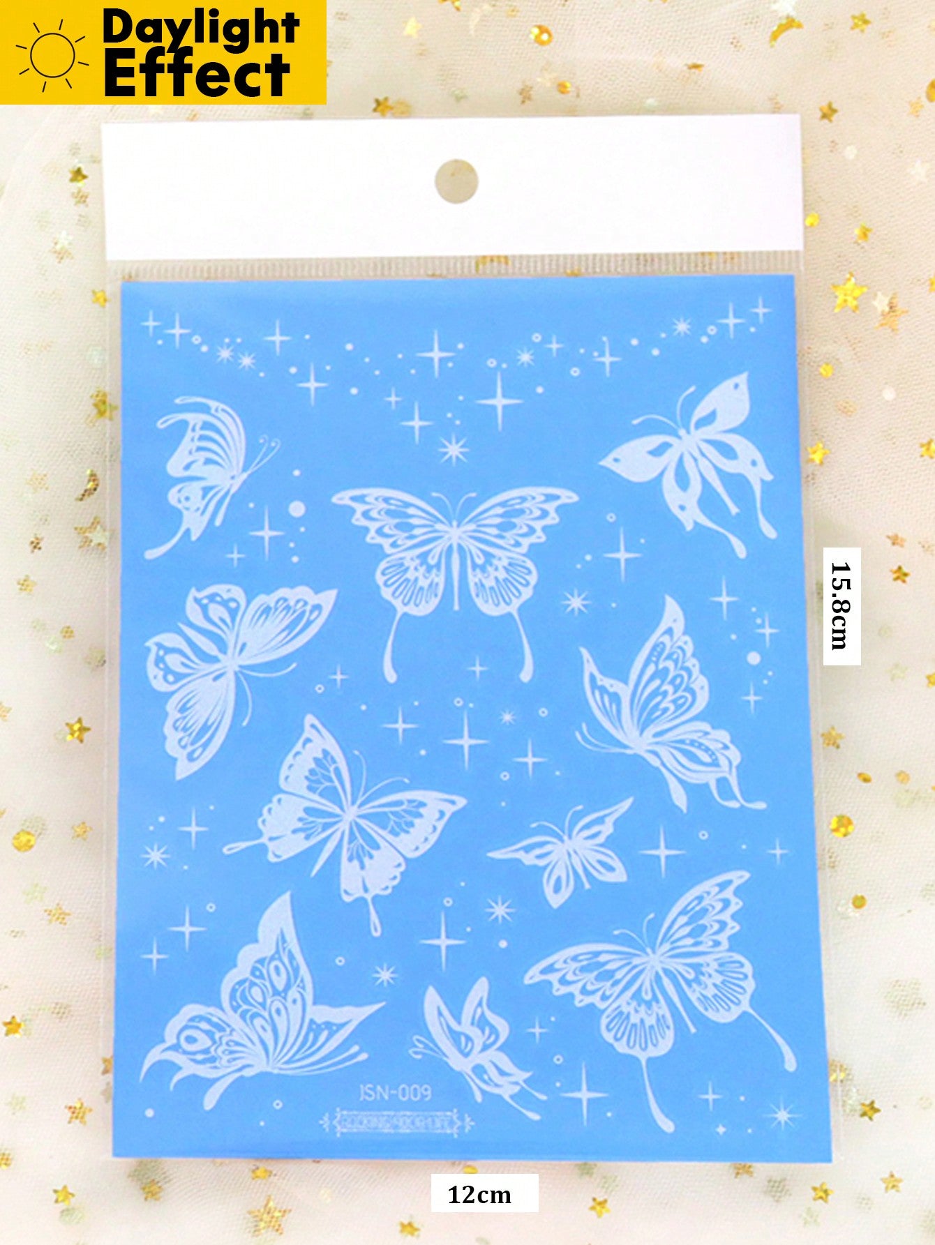 1 Hoja Gran Tamaño De Brillantina Azul Luminosa Y Tatuajes Temporales Originales De Arte Corporal Brillan En La Oscuridad Con Tinta Blanca, Patron De Mariposa Brillante Estrella