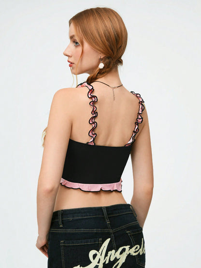 SHEIN Qutie Camiseta De Tirantes Para Mujer Simple Y Dulce Con Dobladillo Con Volantes Para Deportes Y Ballet