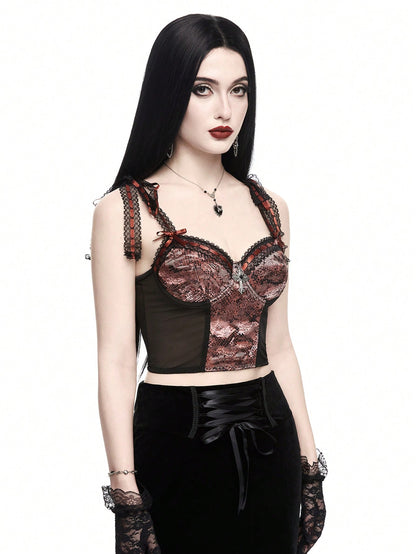 ROMWE Goth Top de tirantes de malla con estampado de serpiente para mujer con colgante cruzado, diseño de lazo y encaje