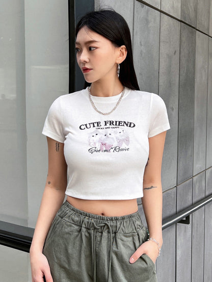 DAZY Camiseta corta con gráfico de gato y eslogan AMIGO LINDO, AFORTUNADO Y FELIZ, dar y recibir