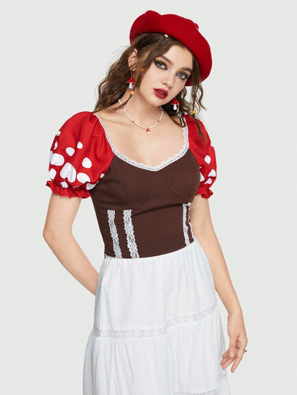 ROMWE Fairycore de color combinado con estampado de lunares con encaje en contraste de manga farol Disfraz Blusa