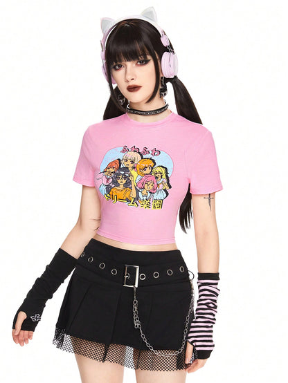 ROMWE Anime Camiseta corta de verano informal con estampado de dibujos animados