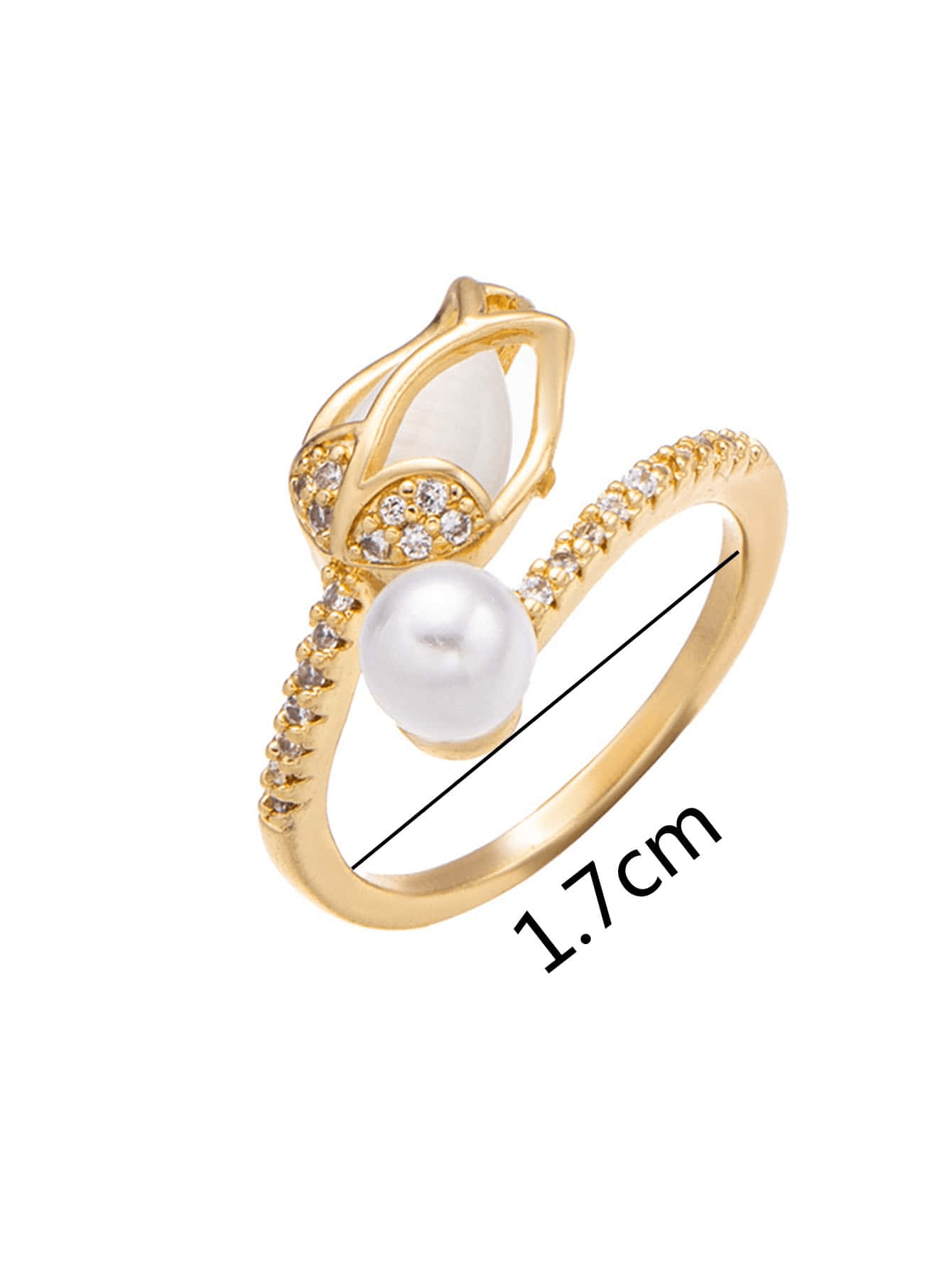 1 Anillo De Forma De Botón De Tulipán Blanco Con Perla Simulada Y Piedra De Ojo De Gato