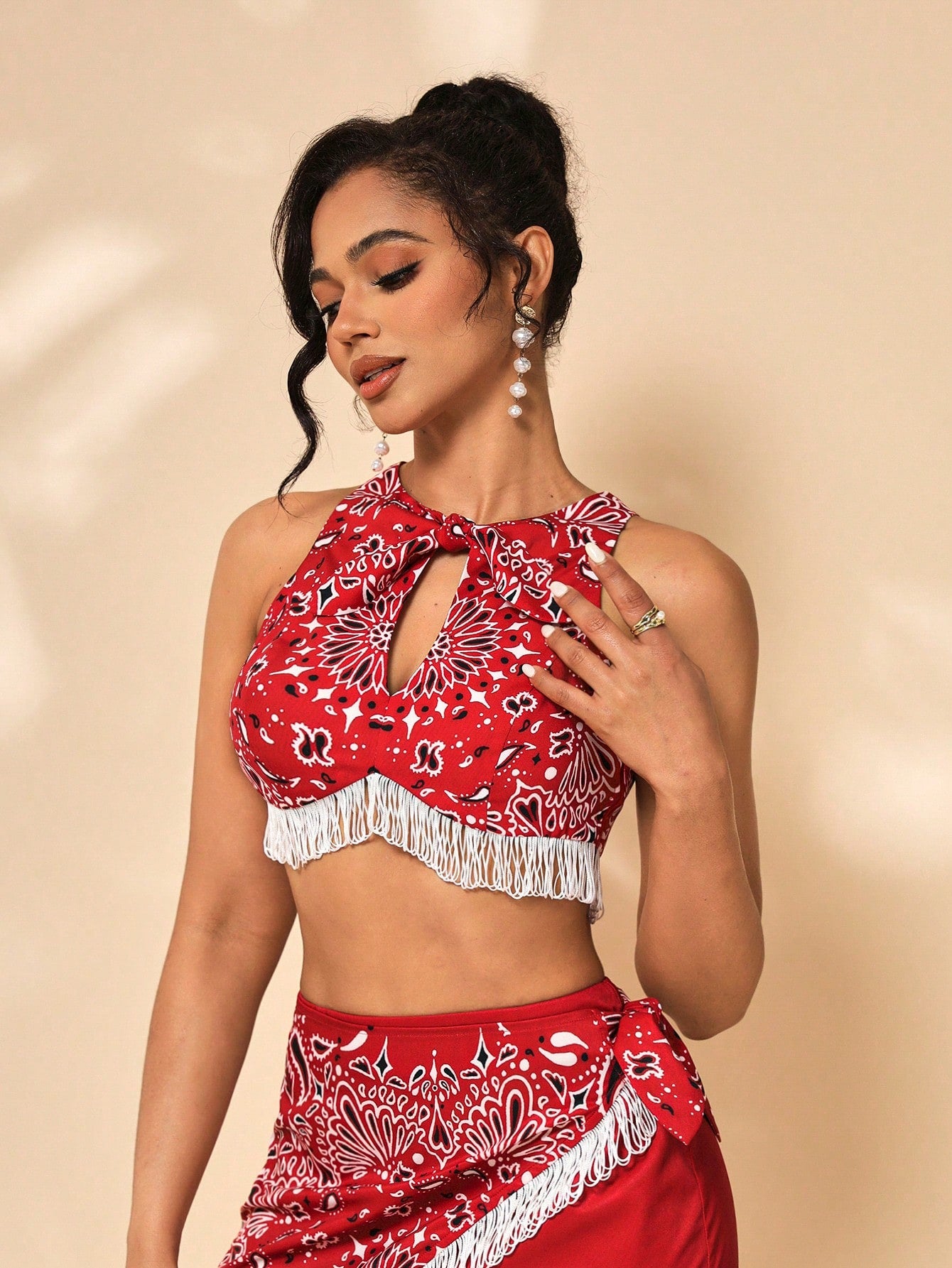 iDea Top con estampado de paisley con dobladillo de flecos, ropa de mujer, para verano