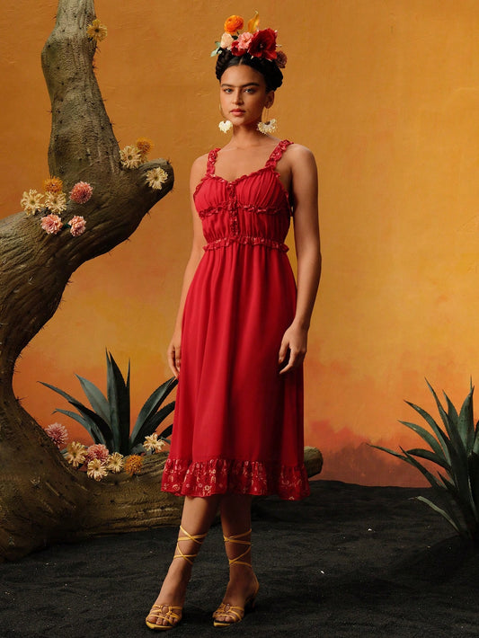 Frida Kahlo X SHEIN X Designer VALERIA GALIPOLI Vestido de verano de tirantes con volantes de estampado floral diminuto, vestido de verano elegante