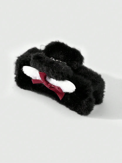 ROMWE Kawaii 1 pieza Accesorio de pinza para el cabello estilo gótico de color negro con alas de ángel blancas, moño rojo, adecuado para uso diario de mujeres o regalo de festival, Halloween