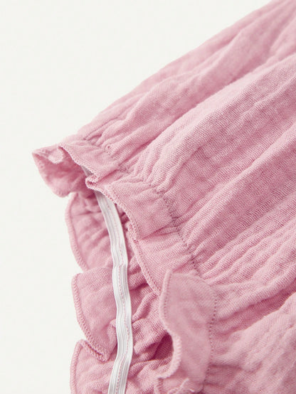 Cozy Pixies Conjunto casual para bebé niña con blusa de cuello cuadrado estampada con flores y conejos con ribete de volantes, y pantalón corto tipo bombacho