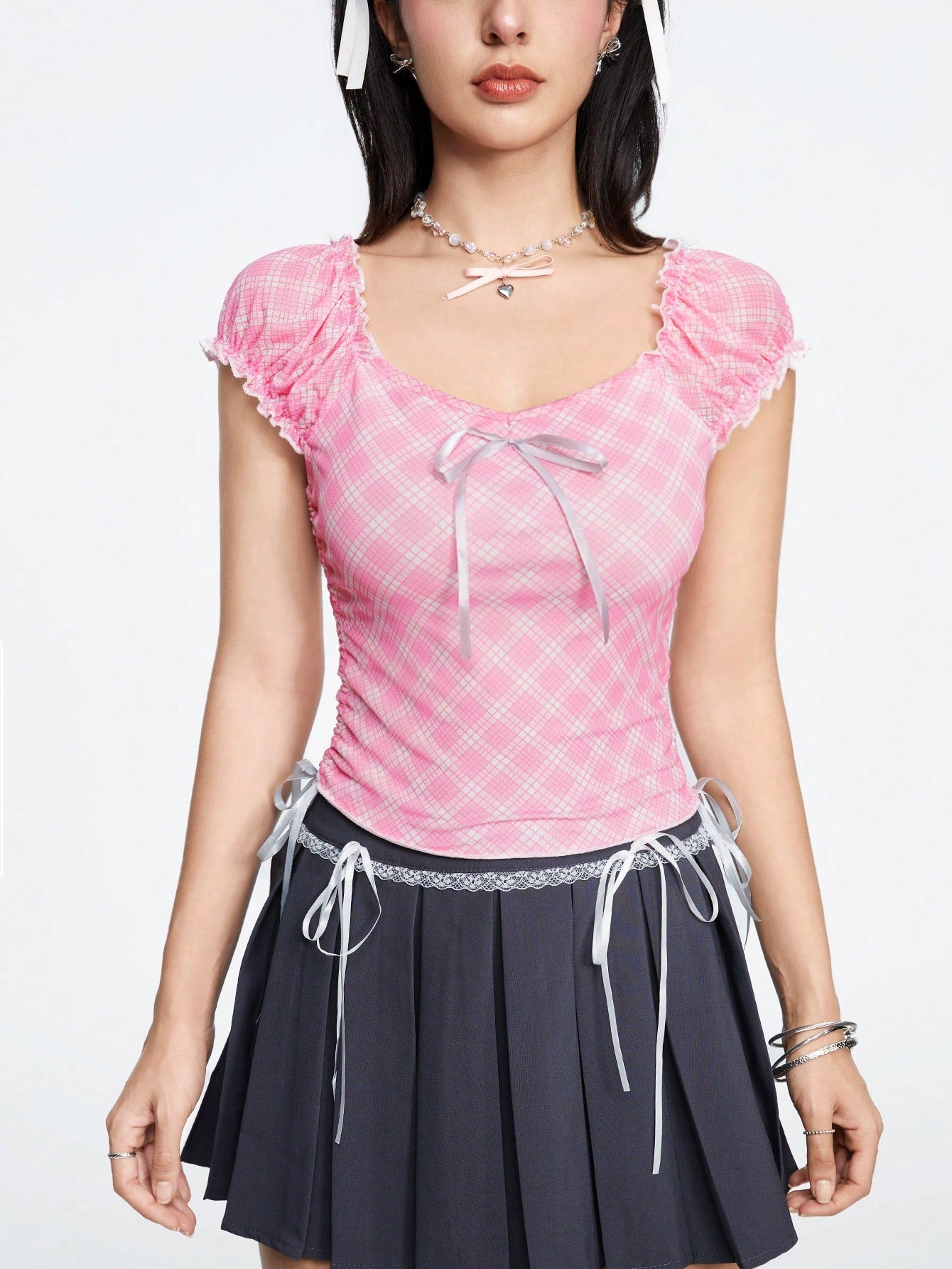 ROMWE Kawaii Camisa elegante de dama a cuadros rosa con manga abullonada, lazo de corbata en la cintura, fruncido en los lados y escote cuadrado bajo
