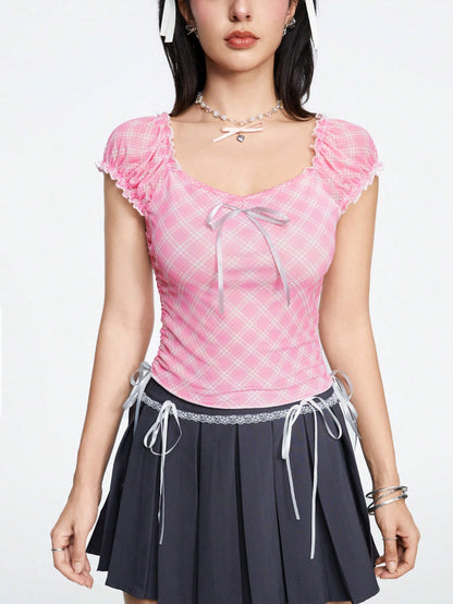 ROMWE Kawaii Camisa elegante de dama a cuadros rosa con manga abullonada, lazo de corbata en la cintura, fruncido en los lados y escote cuadrado bajo
