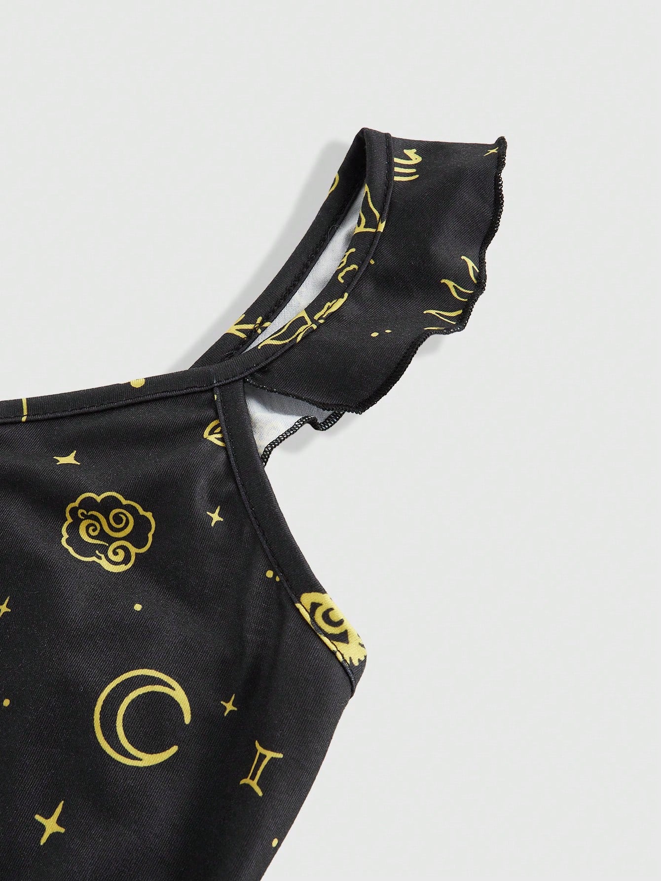 ROMWE Hippie Conjunto de pijama informal con estampado de estrellas de día y noche y dobladillo con volantes