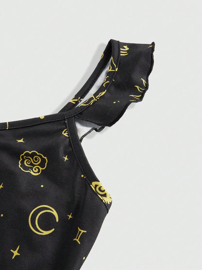ROMWE Hippie Conjunto de pijama informal con estampado de estrellas de día y noche y dobladillo con volantes