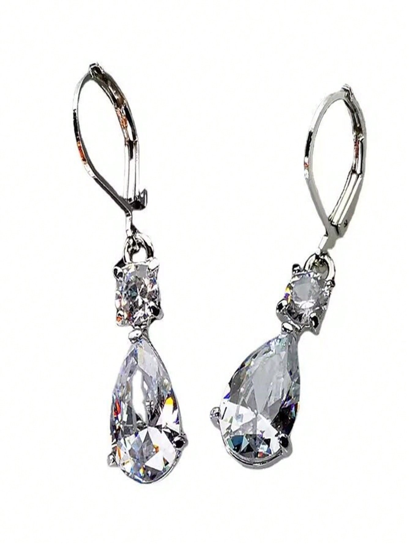 2 piezas Pendientes de clip de oreja con colgante de lágrima de cubic zirconia plateada de lujo - Pendientes colgantes de lujo elegantes, glamorosos y cautivadores con gemas de cubic zirconia brillantes para mujeres