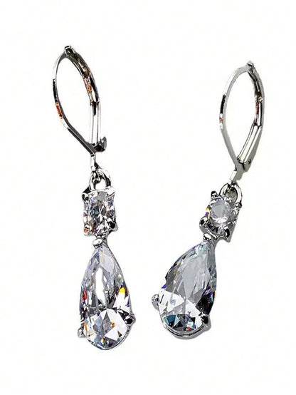 2 piezas Pendientes de clip de oreja con colgante de lágrima de cubic zirconia plateada de lujo - Pendientes colgantes de lujo elegantes, glamorosos y cautivadores con gemas de cubic zirconia brillantes para mujeres