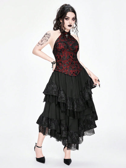 ROMWE Goth Top de tirantes asimétrico para mujer con cuello cruzado de encaje sexy y colgante, con dobladillo asimétrico