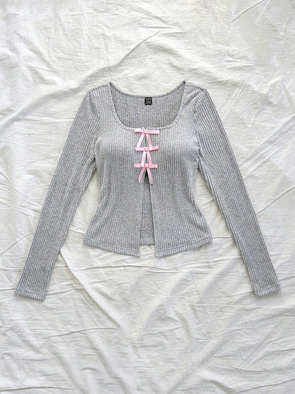 SHEIN Dreamara Sudadera térmica con capucha de costillas grises para vacaciones de mujer con cortes frontales y en el centro, lazo romántico rosa, manga larga, ajuste delgado, cálida y con estilo para otoño/invierno, adecuada para salidas