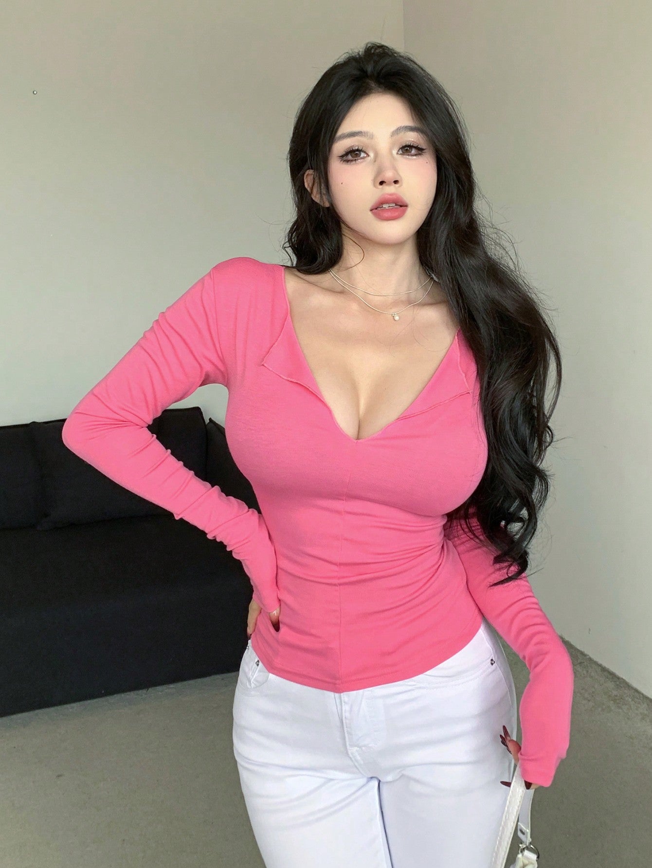 DAZY Camiseta De Manga Larga De Color Sólido Para Mujer