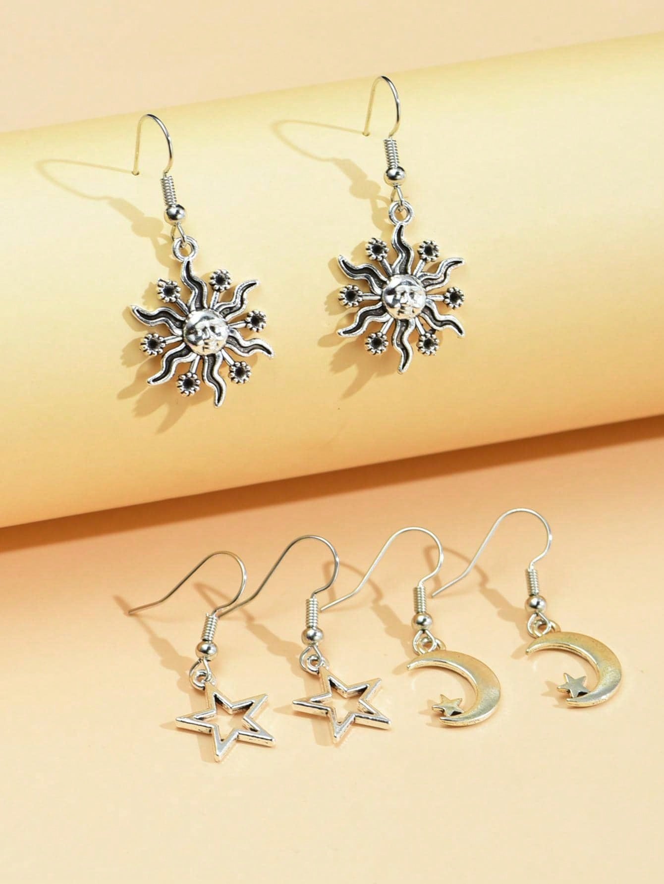 3 pares/set Pendientes largos moda aleación de zinc estrella y luna para mujeres para regalo