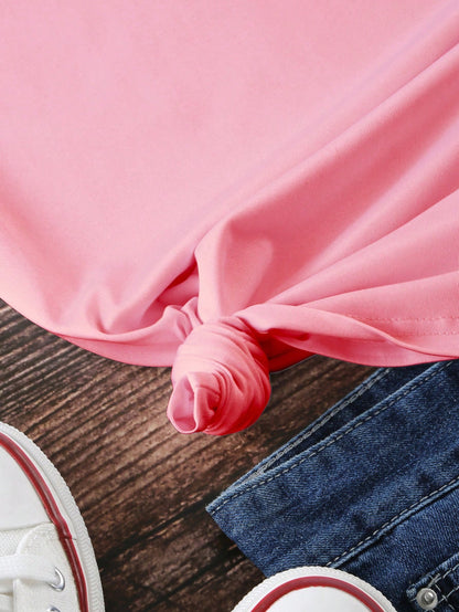 SHEIN EZwear Camiseta de mujer de manga corta, informal, de verano, con estampado de letras y corazón, cuello redondo, camisetas gráficas para mujeres