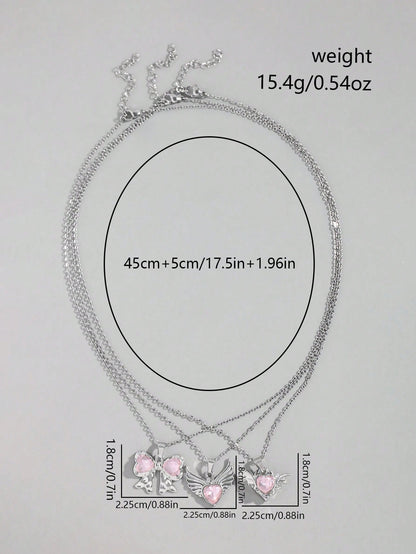 ROMWE Kawaii Set de 3 collares de corazón con detalle de lazo de cristal de color rosa con incrustaciones de estilo europeo y estadounidense INS, perfecto para San Valentín