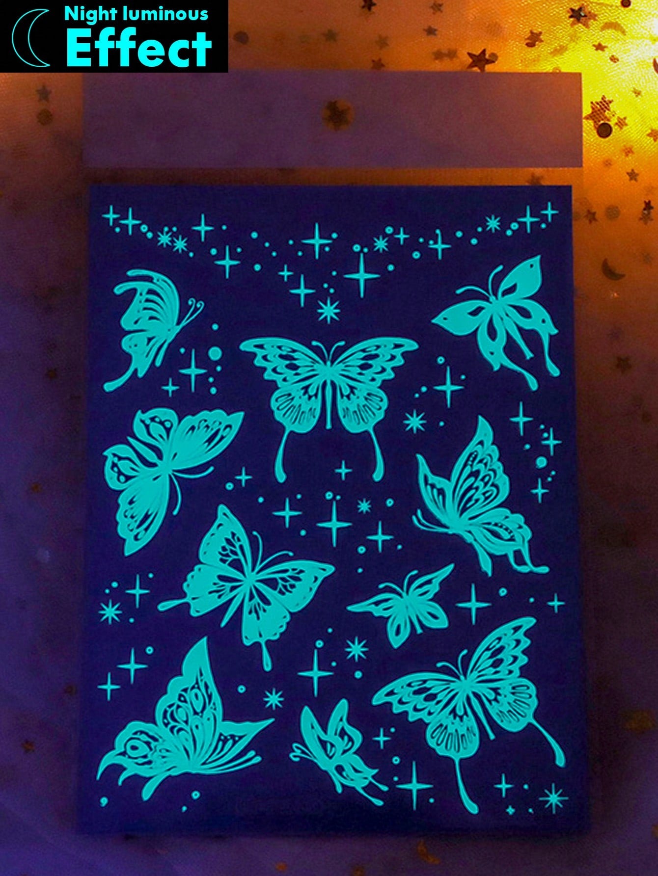 1 Hoja Gran Tamaño De Brillantina Azul Luminosa Y Tatuajes Temporales Originales De Arte Corporal Brillan En La Oscuridad Con Tinta Blanca, Patron De Mariposa Brillante Estrella