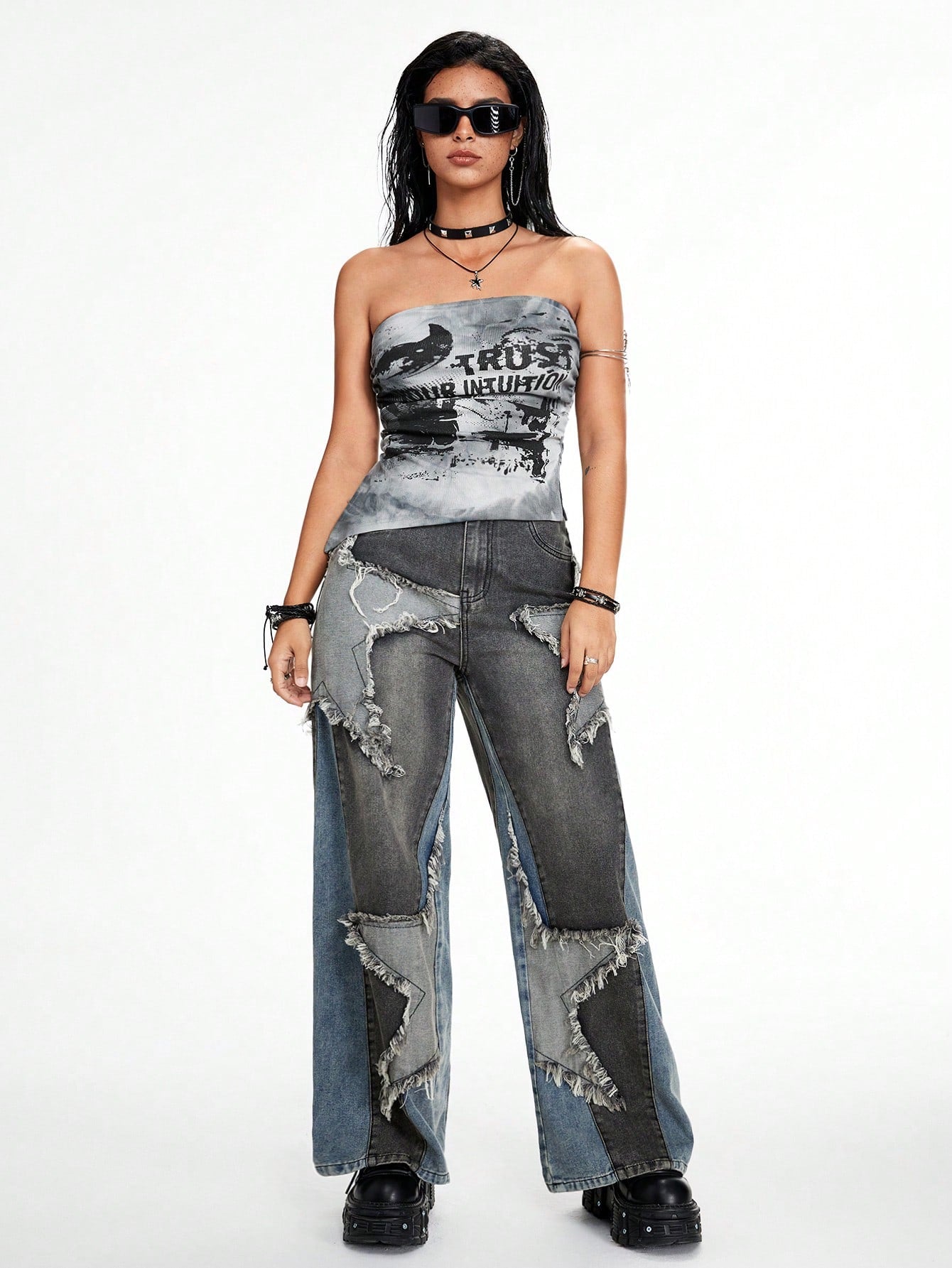 ROMWE Grunge Punk Top tubo ajustado corto con estampado de ojo en tie-dye negro y gris, bajo asimétrico, estilo punk del páramo