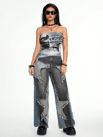 ROMWE Grunge Punk Top tubo ajustado corto con estampado de ojo en tie-dye negro y gris, bajo asimétrico, estilo punk del páramo