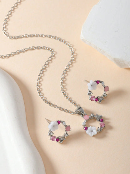 1 set: 1 pieza de aretes con flores + 1 pieza de collar - Conjunto de 3 piezas de aretes, colgante y collar de flores simples para mujer, adecuado para ocasiones casuales diarias y de citas