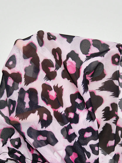 ROMWE J-Fashion Conjunto de pijama con detalles de lazo, encaje y estampado de leopardo en malla de Shibuya