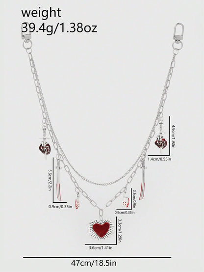 ROMWE Kawaii 1 pieza Cadena para la cintura con estilo gótico de moda, colgante de corazón perforado con calavera, espada y corazón rojo, plateado, adecuado para uso diario de mujeres y niñas, regalo festivo