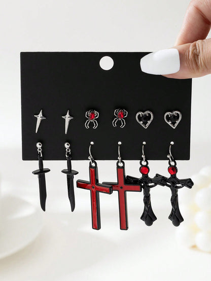 Juego de 6 pares de pendientes con colgantes de diseños góticos oscuros de moda, incluidos estrella, murciélago, corazón con rosa, guitarra, llave, estrella de mar, cuervo y calavera