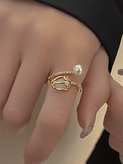 1 Anillo De Forma De Botón De Tulipán Blanco Con Perla Simulada Y Piedra De Ojo De Gato