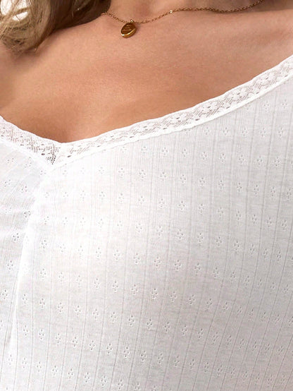 Conjunto de ropa de dormir para mujer con top de manga larga de cuello en V con parche de encaje y pantalones de unicolor