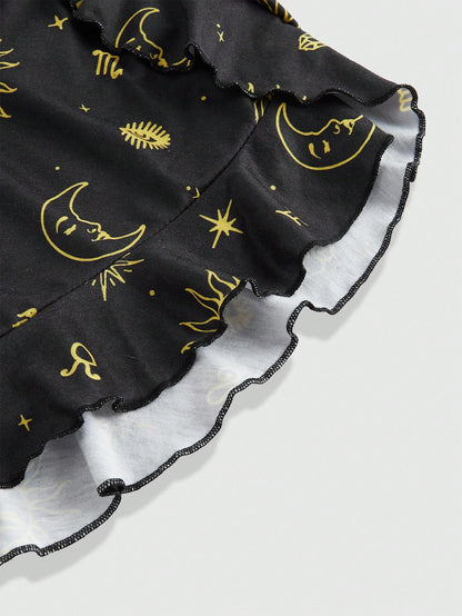 ROMWE Hippie Conjunto de pijama informal con estampado de estrellas de día y noche y dobladillo con volantes