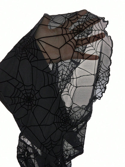 ROMWE Goth Top corto con cuello alto, mangas acampanadas y cintura ajustada con estampado de telaraña gótico, para Navidad