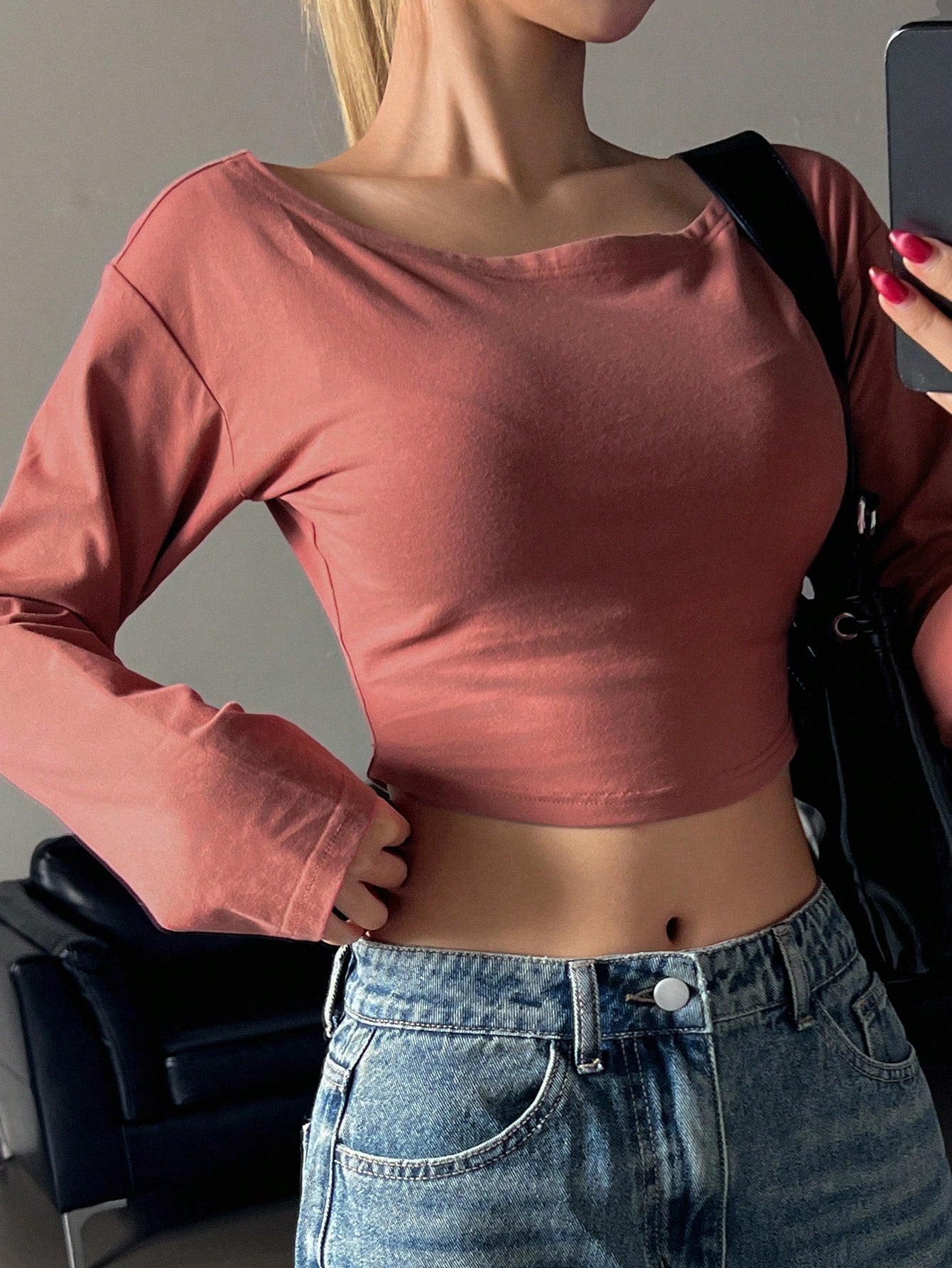 DAZY 1 pieza Camiseta corta ajustada de cuello redondo sencilla de color sólido para mujer en otoño