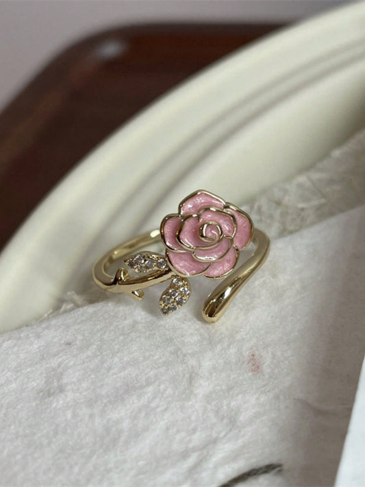 1 pieza Anillo abierto con flor de camellia de circonita francesa rosa