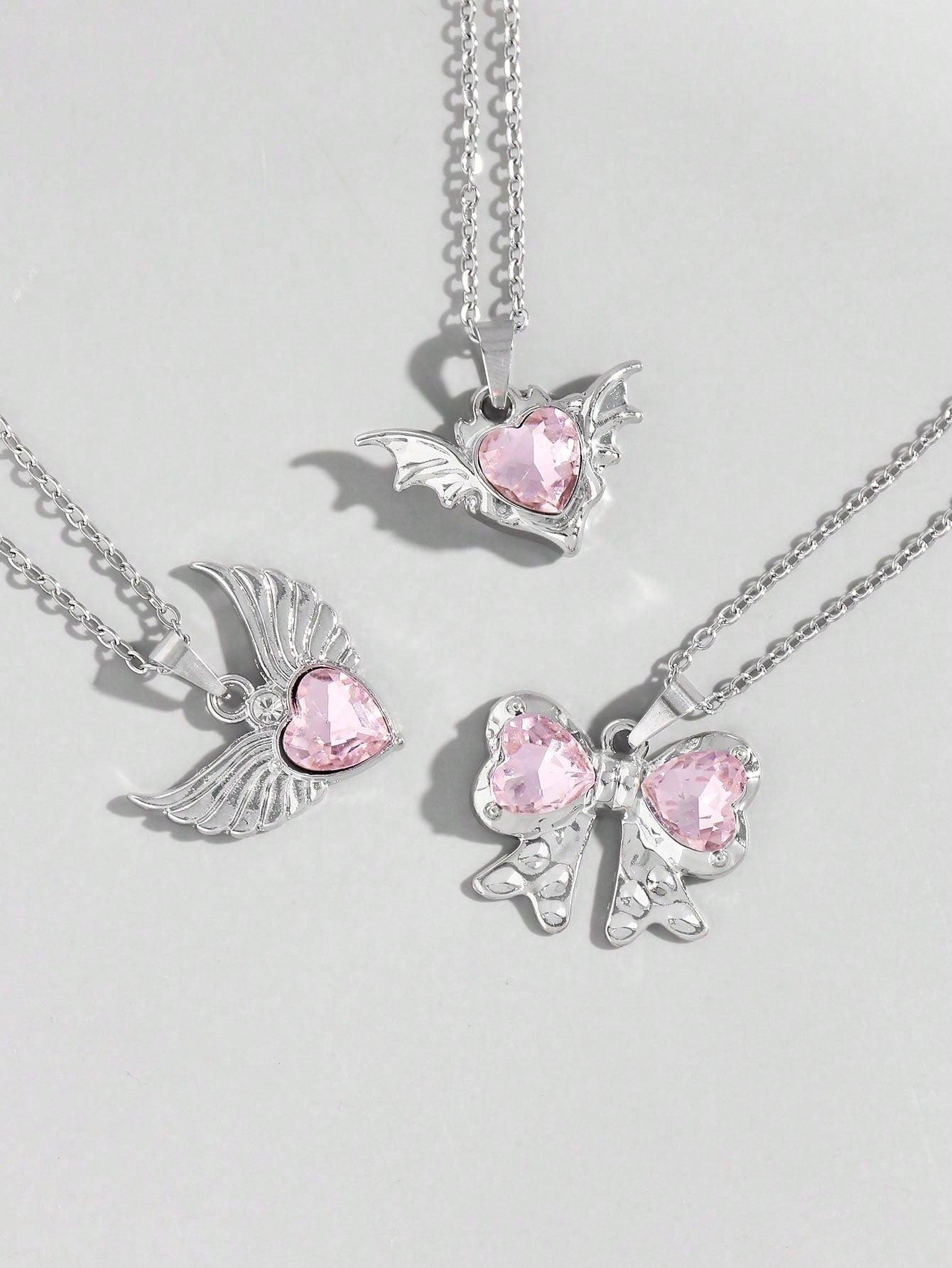 ROMWE Kawaii Set de 3 collares de corazón con detalle de lazo de cristal de color rosa con incrustaciones de estilo europeo y estadounidense INS, perfecto para San Valentín