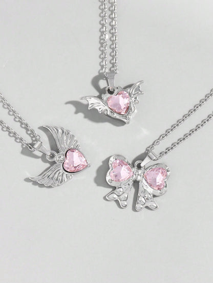 ROMWE Kawaii Set de 3 collares de corazón con detalle de lazo de cristal de color rosa con incrustaciones de estilo europeo y estadounidense INS, perfecto para San Valentín