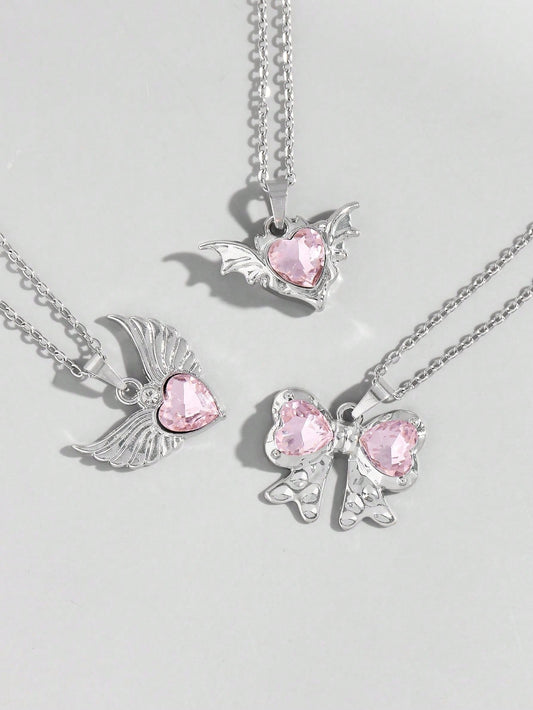 ROMWE Kawaii Set de 3 collares de corazón con detalle de lazo de cristal de color rosa con incrustaciones de estilo europeo y estadounidense INS, perfecto para San Valentín