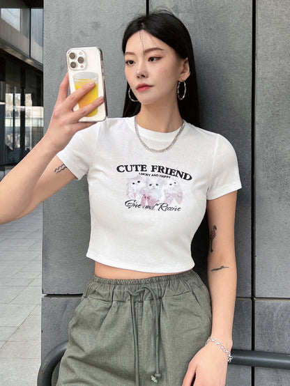 DAZY Camiseta corta con gráfico de gato y eslogan AMIGO LINDO, AFORTUNADO Y FELIZ, dar y recibir
