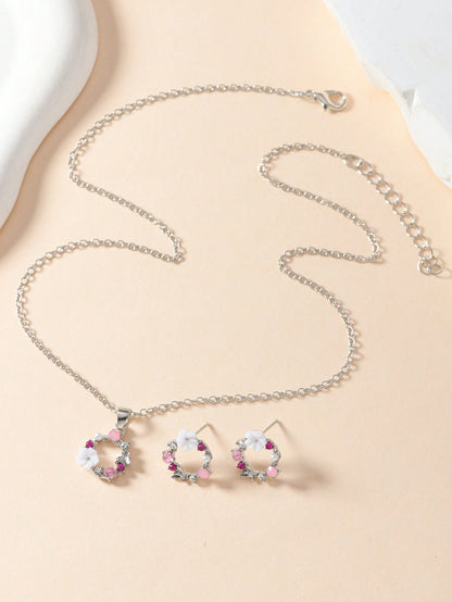 1 set: 1 pieza de aretes con flores + 1 pieza de collar - Conjunto de 3 piezas de aretes, colgante y collar de flores simples para mujer, adecuado para ocasiones casuales diarias y de citas