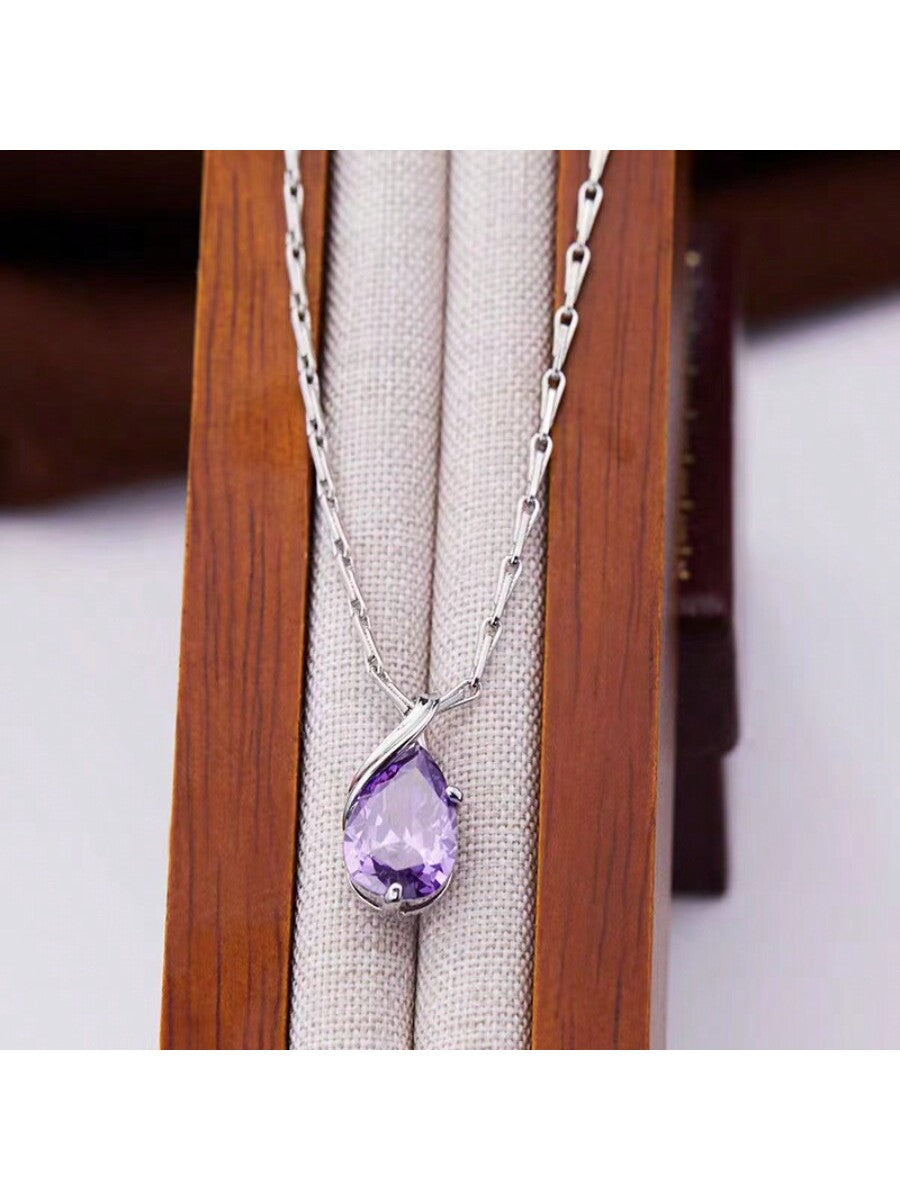 1 pieza Collar de compromiso para mujer, colgante con decoración de circonita cúbica de metal color plata clásico, regalo de joyería para compromiso/boda/cumpleaños/aniversario