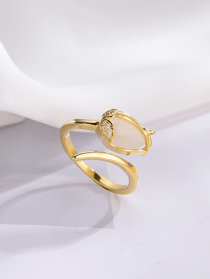 1 Anillo De Forma De Botón De Tulipán Blanco Con Perla Simulada Y Piedra De Ojo De Gato